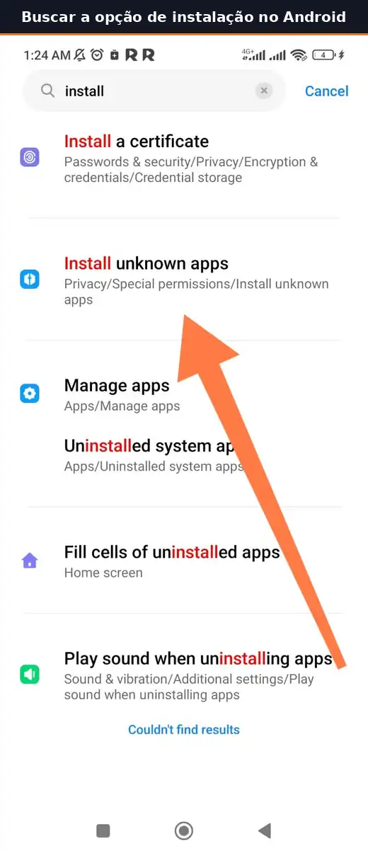 Busca pela opção de instalar apps desconhecidos nas configurações do Android.