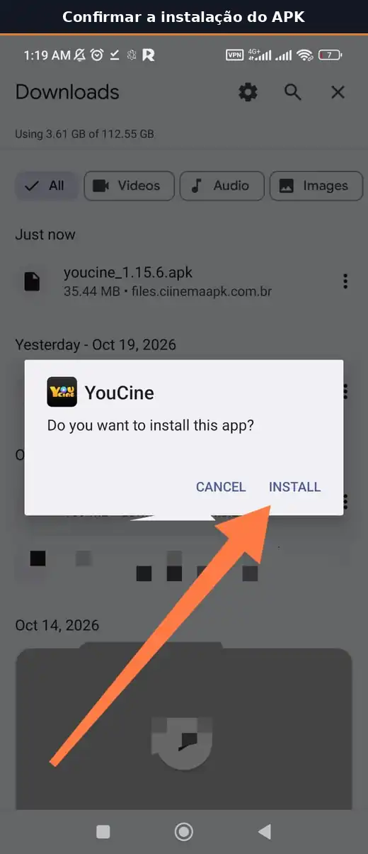 Janela de confirmação para instalar o YouCine no Android.