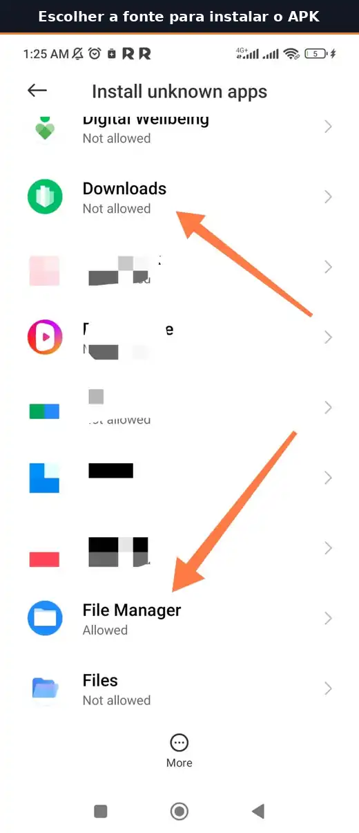 Lista de aplicativos autorizados a solicitar a instalação de arquivos APK.