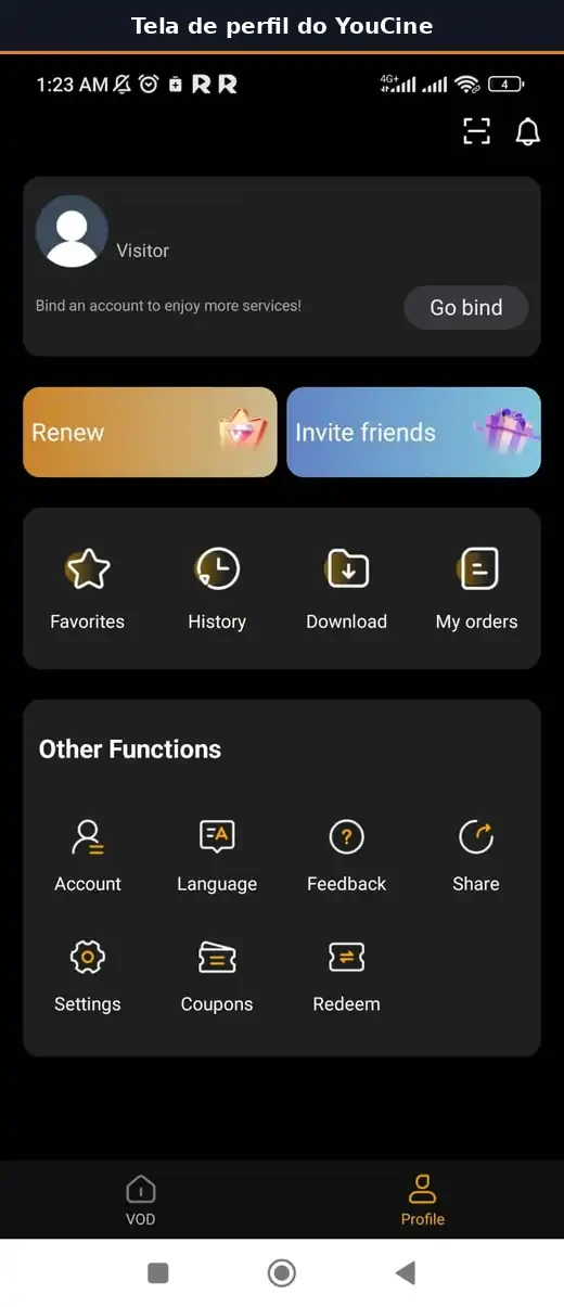 Área de perfil e configurações do YouCine.