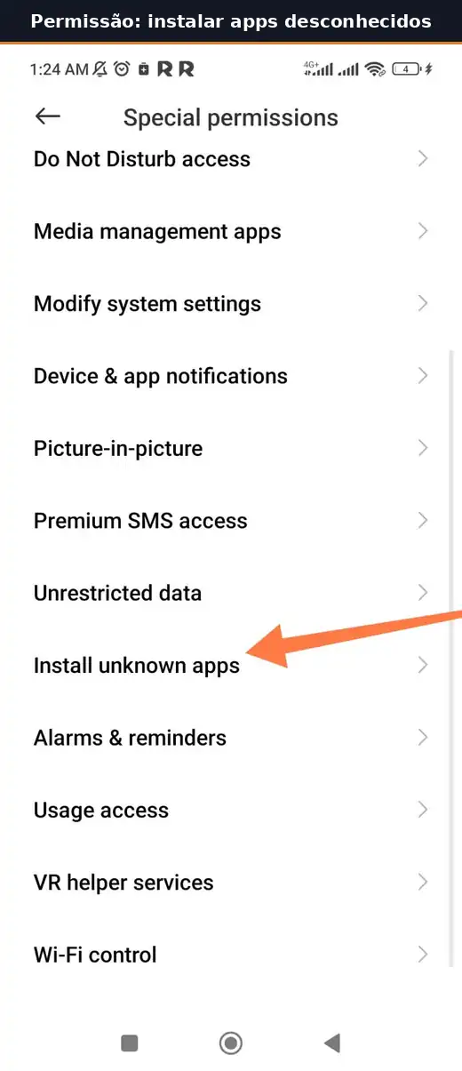 Menu de permissões especiais com a opção para instalar apps desconhecidos.